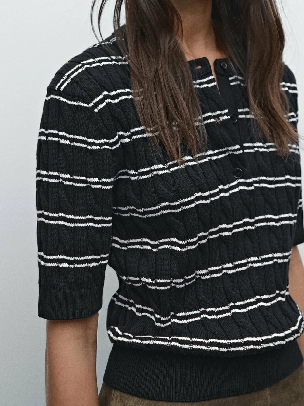 Massimo Dutti Navy and White Striped Cable-Knit Crewneck Sweater